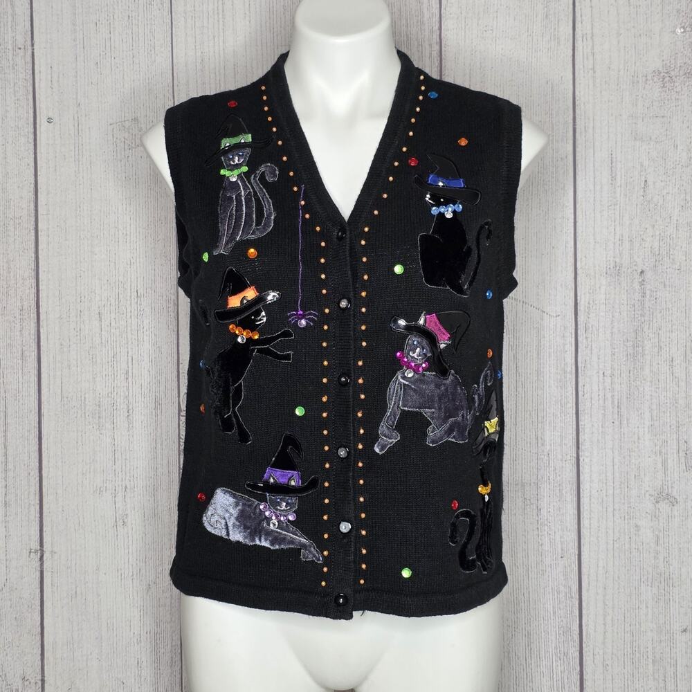 Vintage 90s Karen Scott Halloween Black Cat Witch Vest Velvet Beaded, Small